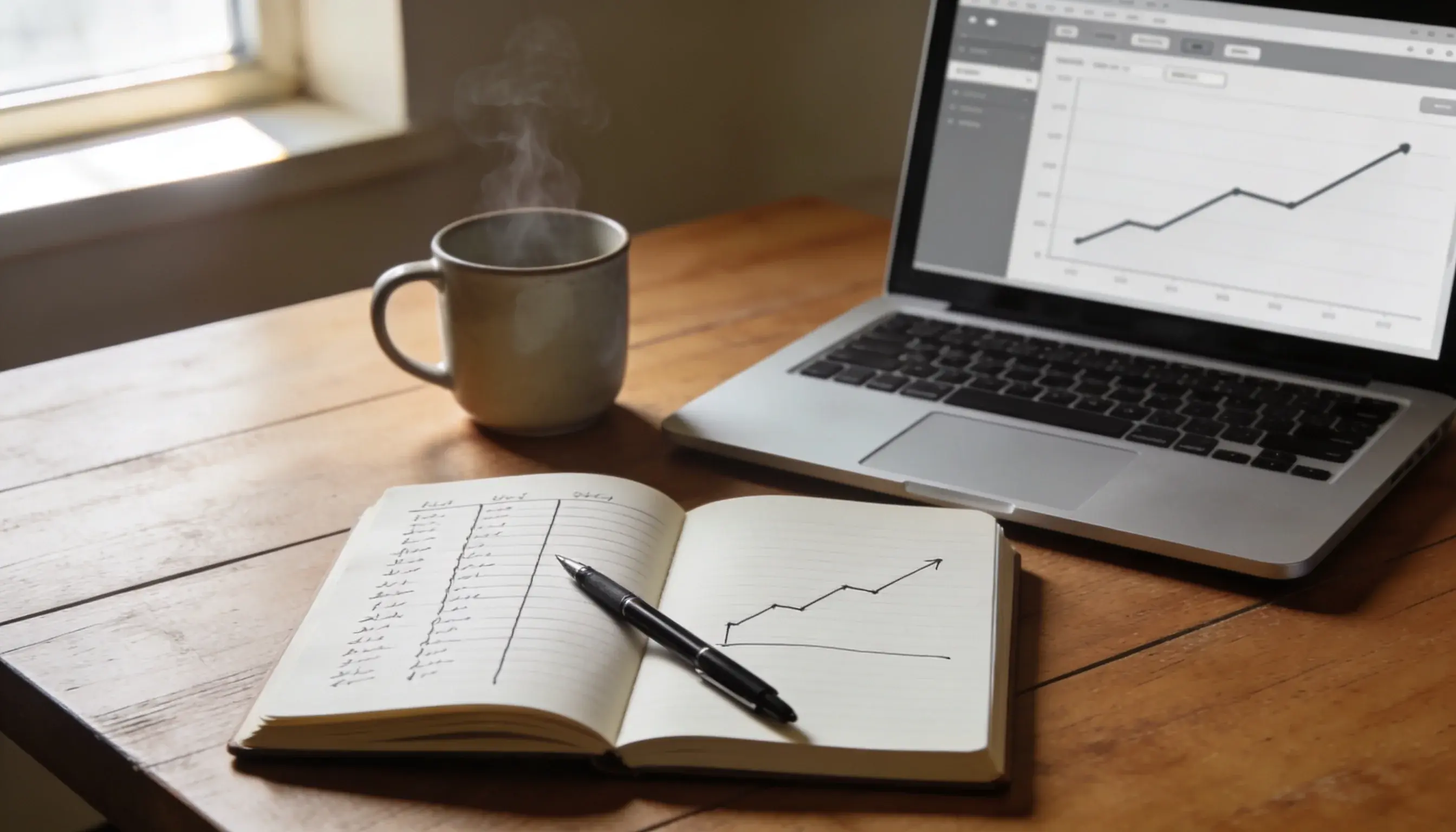 UK basketball punter writing bet records into a notebook beside a laptop showing a simple line graph