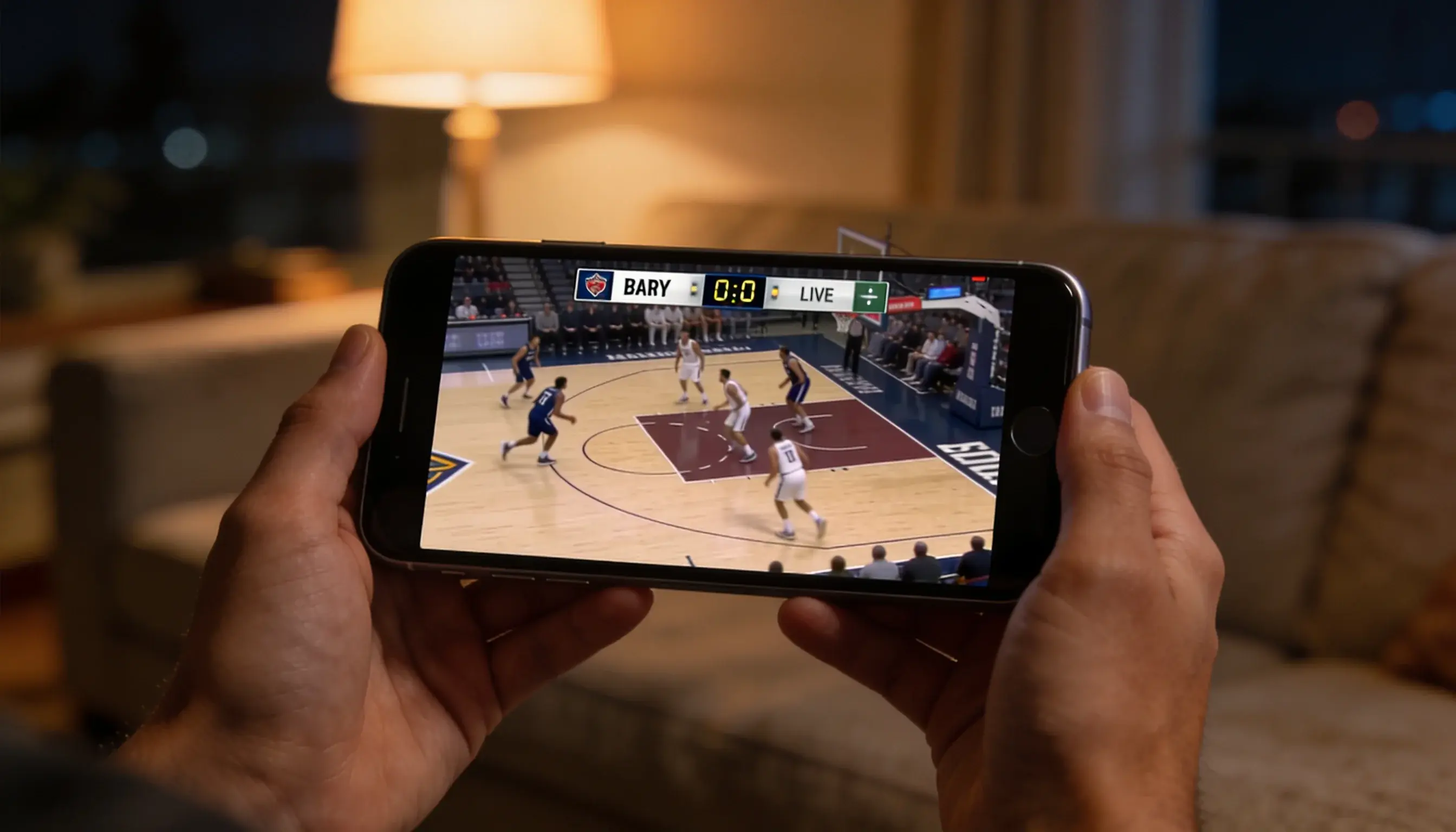 Hands holding a smartphone showing a live basketball game with on-screen score and clock
